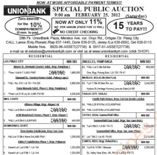 181st UnionBank foreclosed properties auction on February 25 2012 preview